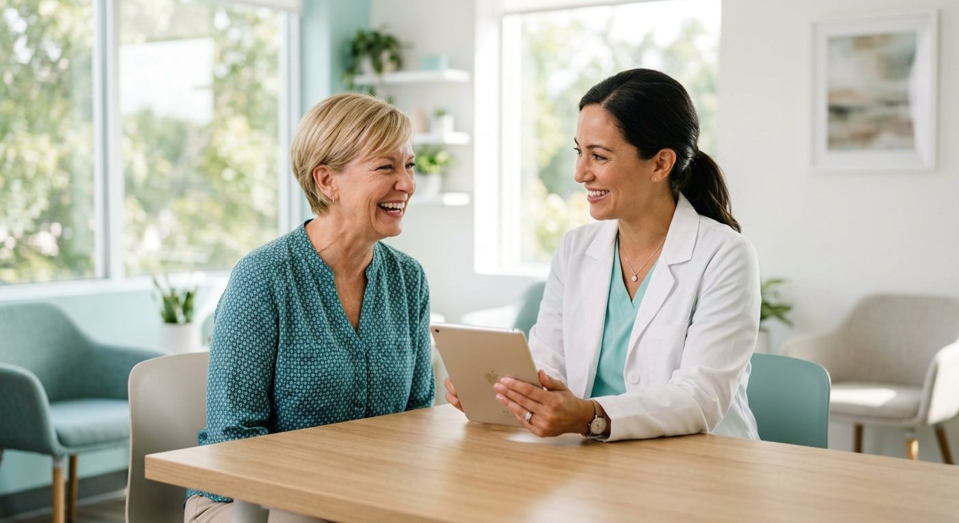 A friendly doctor consulting a patient on a tablet