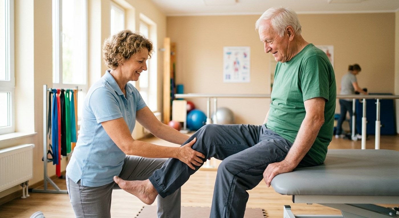 A physiotherapist guiding a gentle joint exercise