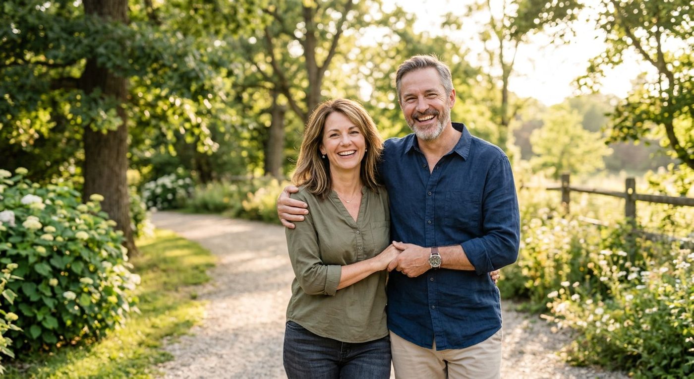 A smiling man and woman outdoors
