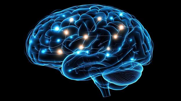 A glowing illustration of a human brain