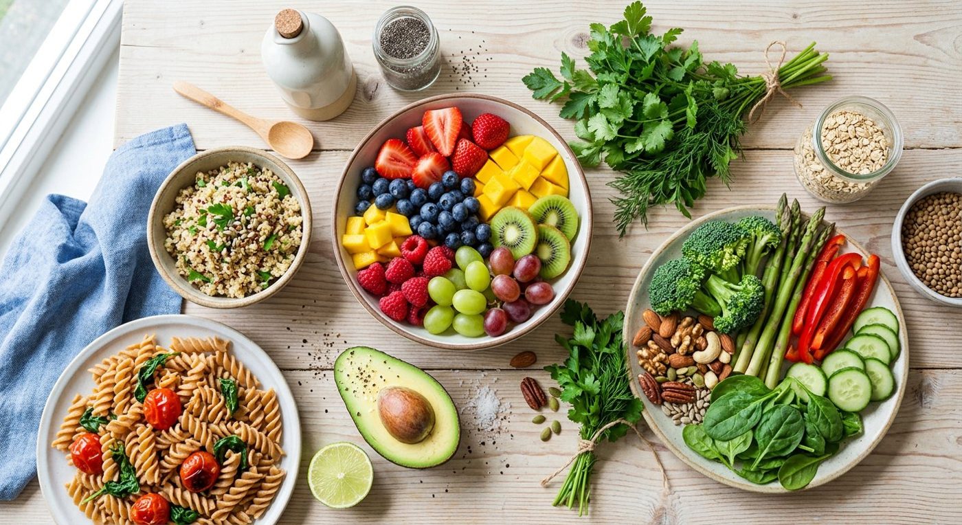 Fresh colourful healthy foods on a table