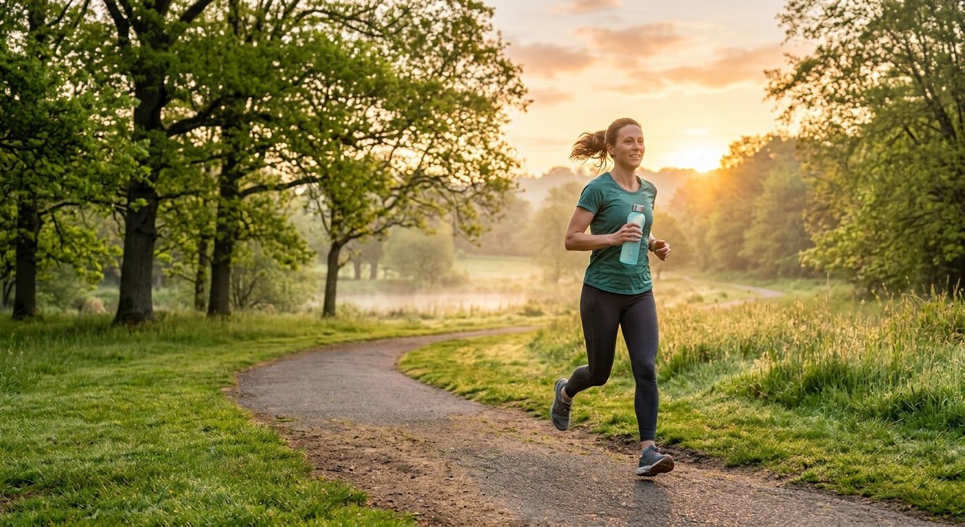 A person jogging outdoors at sunrise
